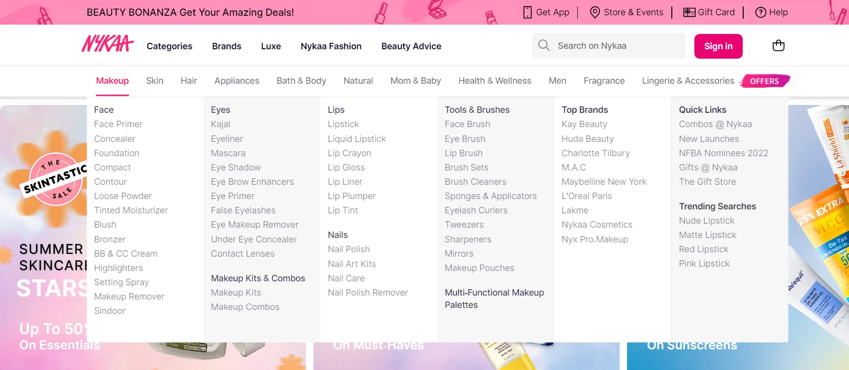 Mega menu of nykaa