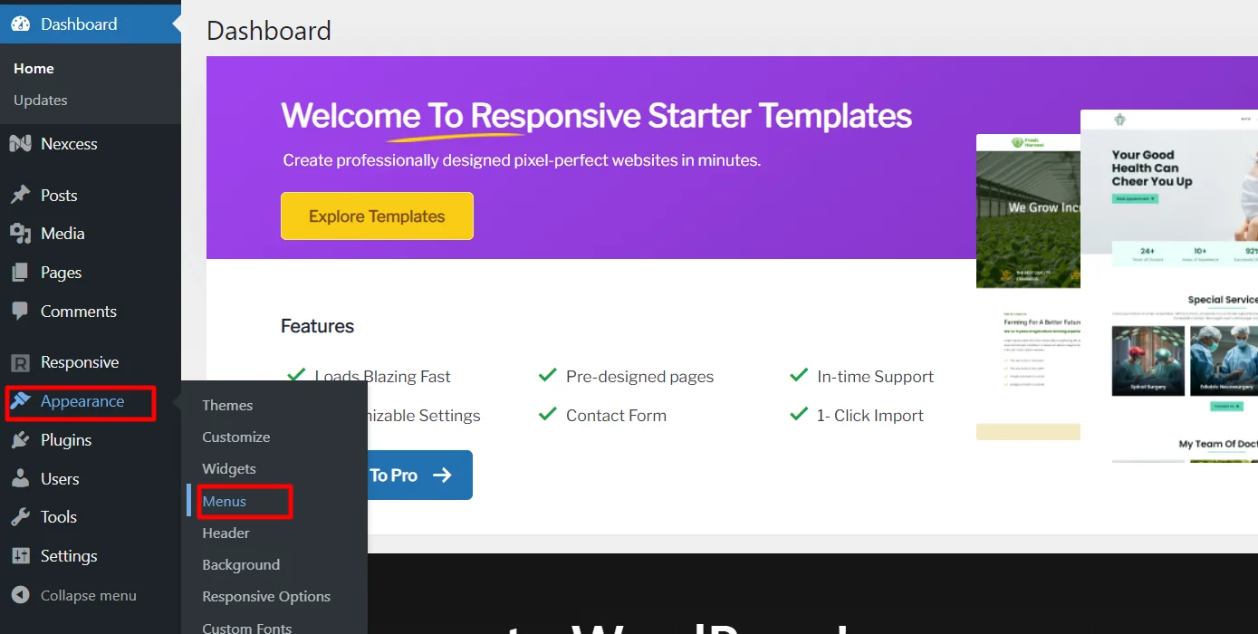 Navigating to appearance and clicking menus