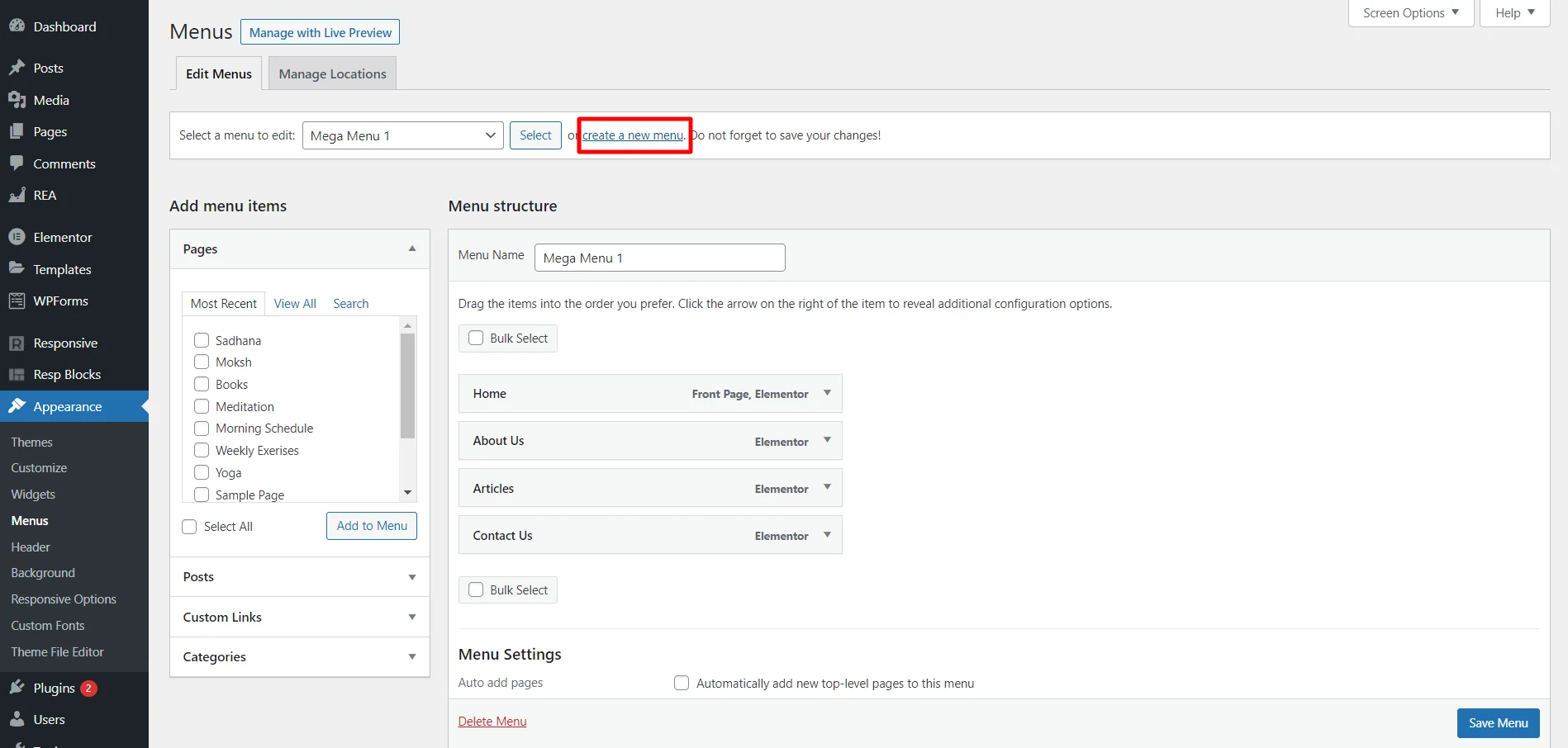 Clicking on create a new menu