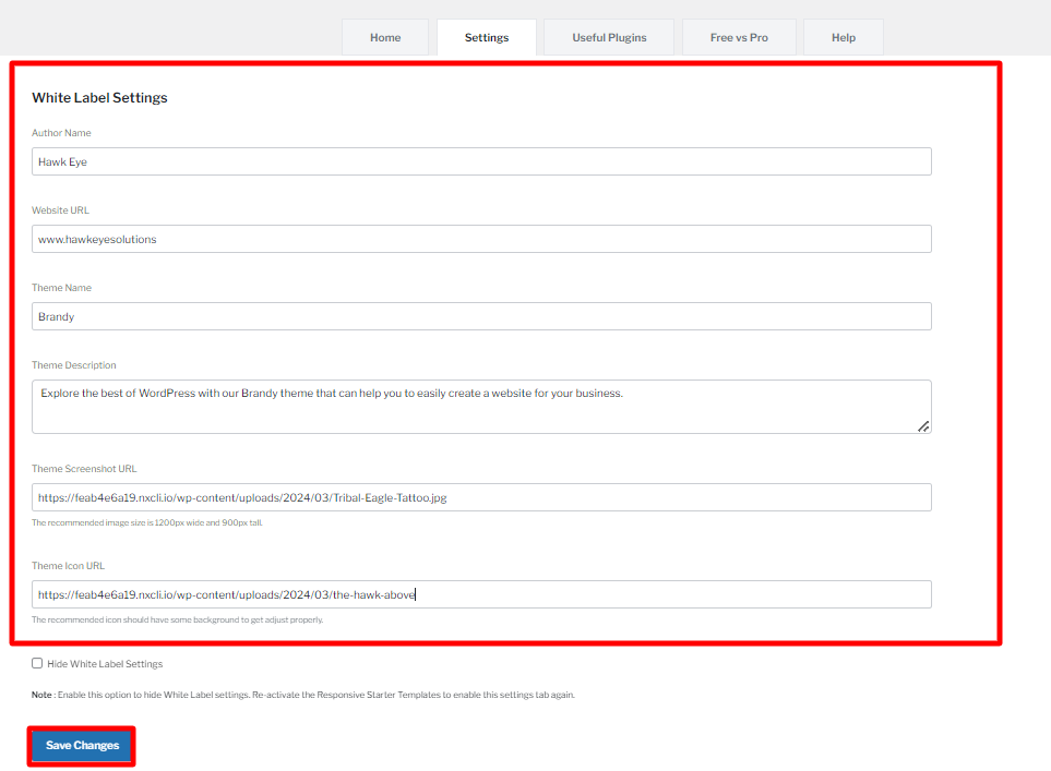 Filling the details of new theme and click on save changes