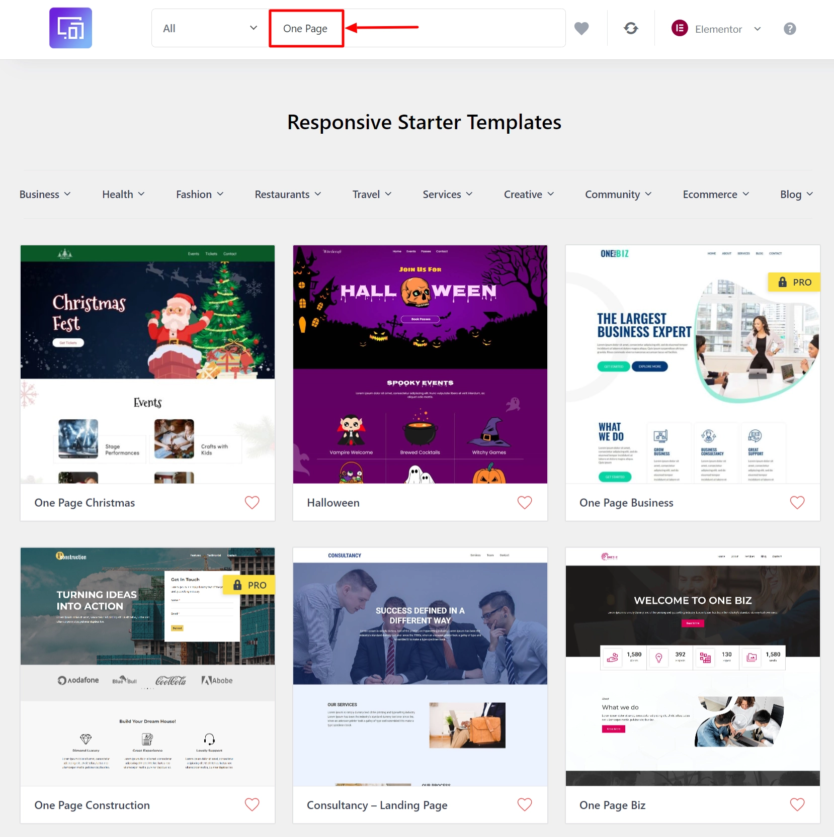 Search for One page to view the templates