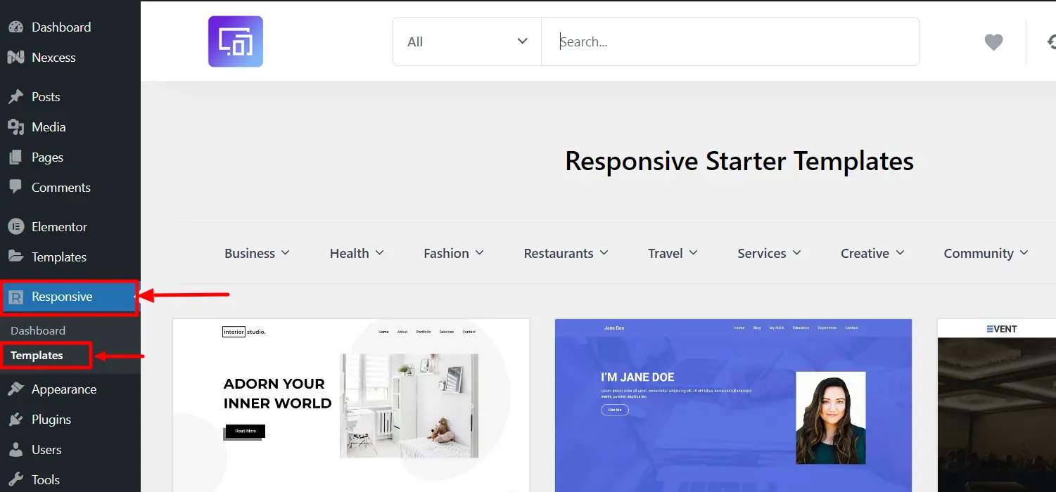 Redirecting to Templates tab