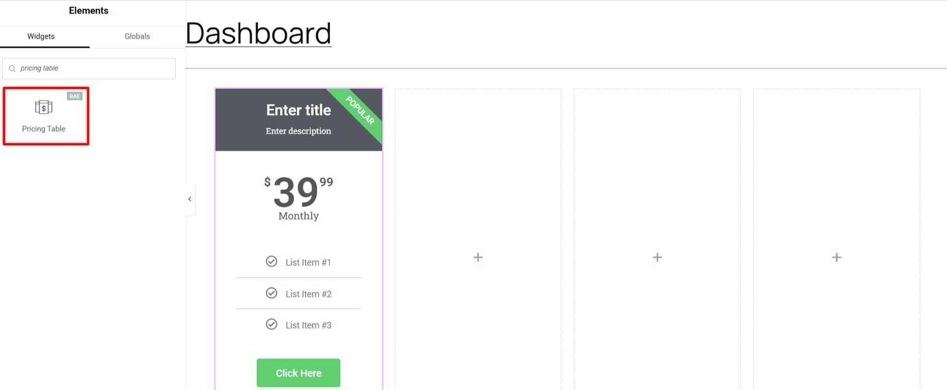Elementor Pricing table widget