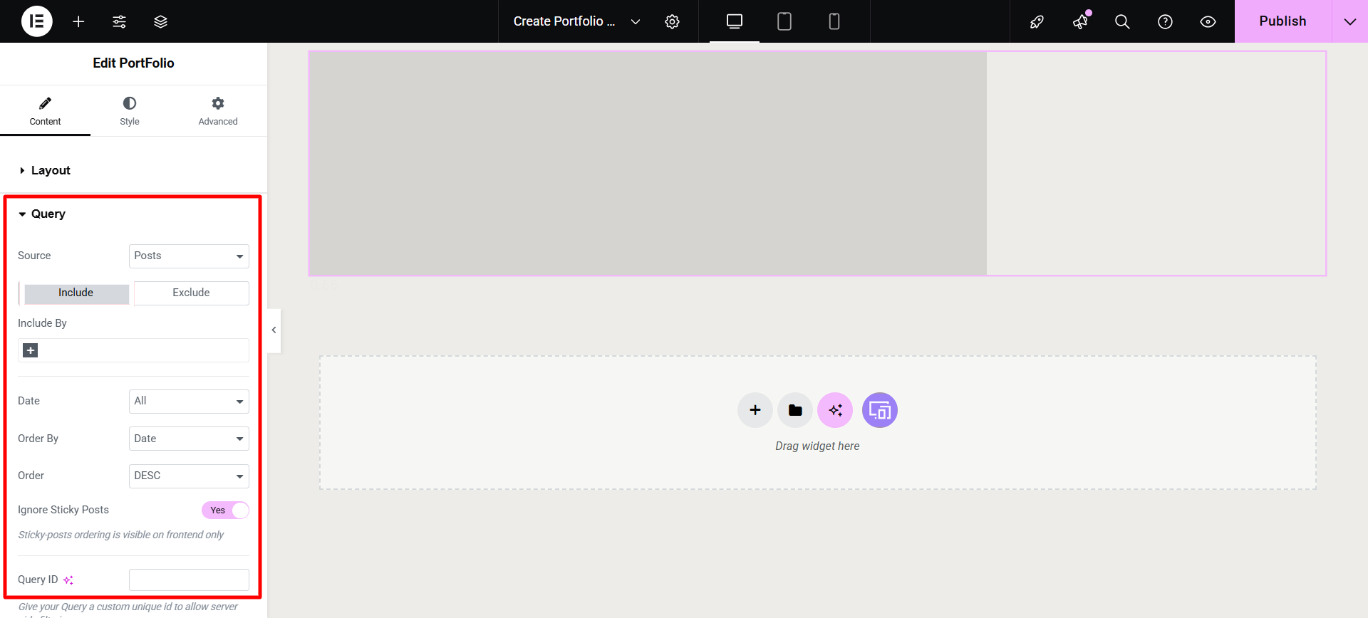 Editing the include query section of the widgets