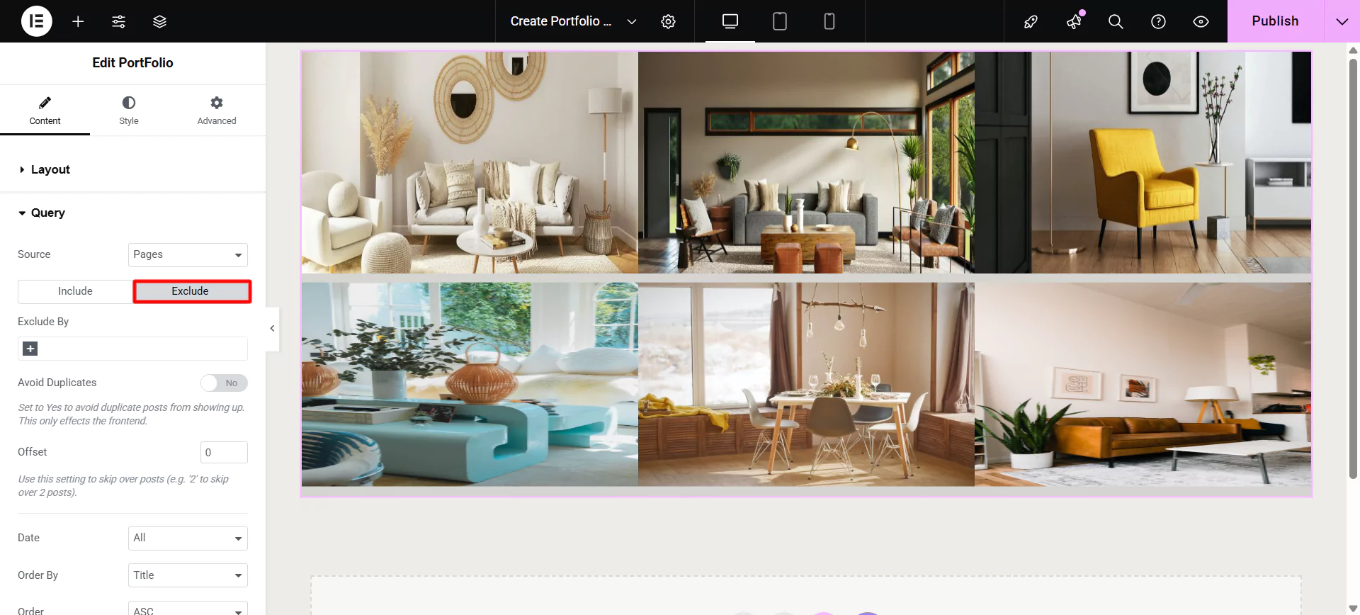 Editing the exclude section of the widget