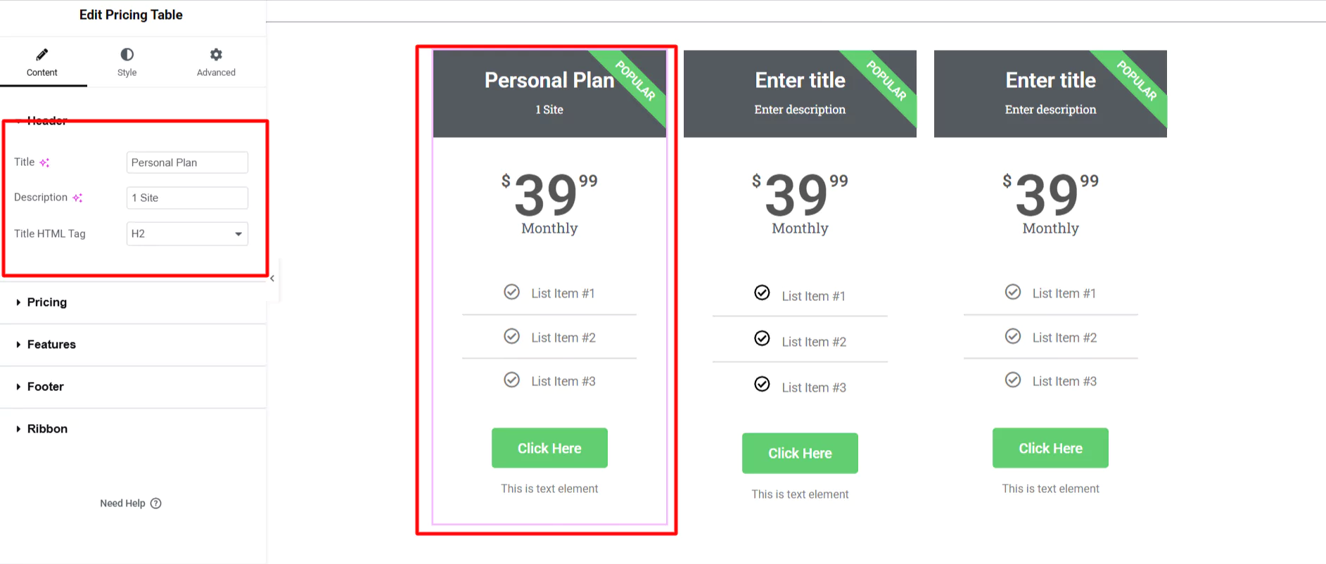 Edit pricing table