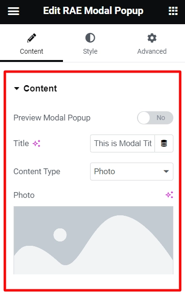 Modal popup content
