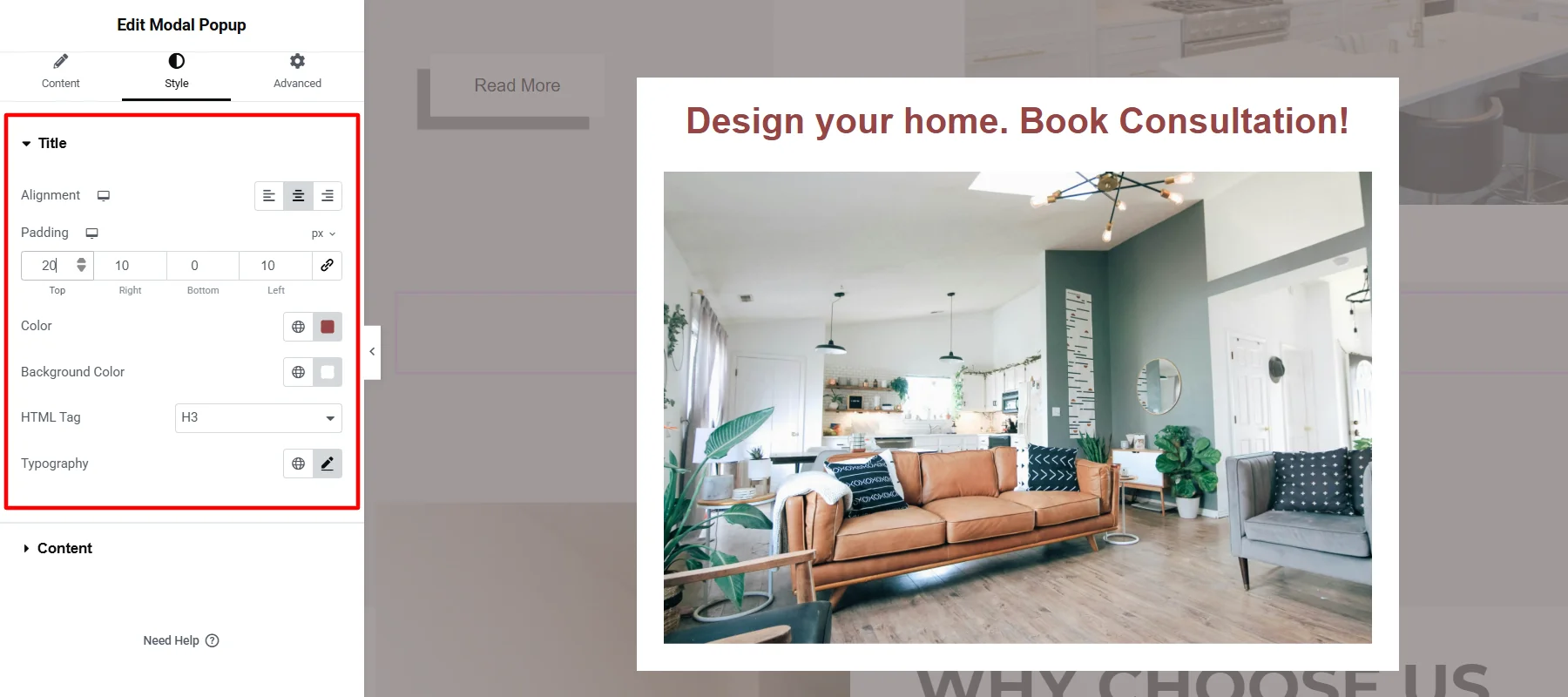 Modal popup title styling customizations
