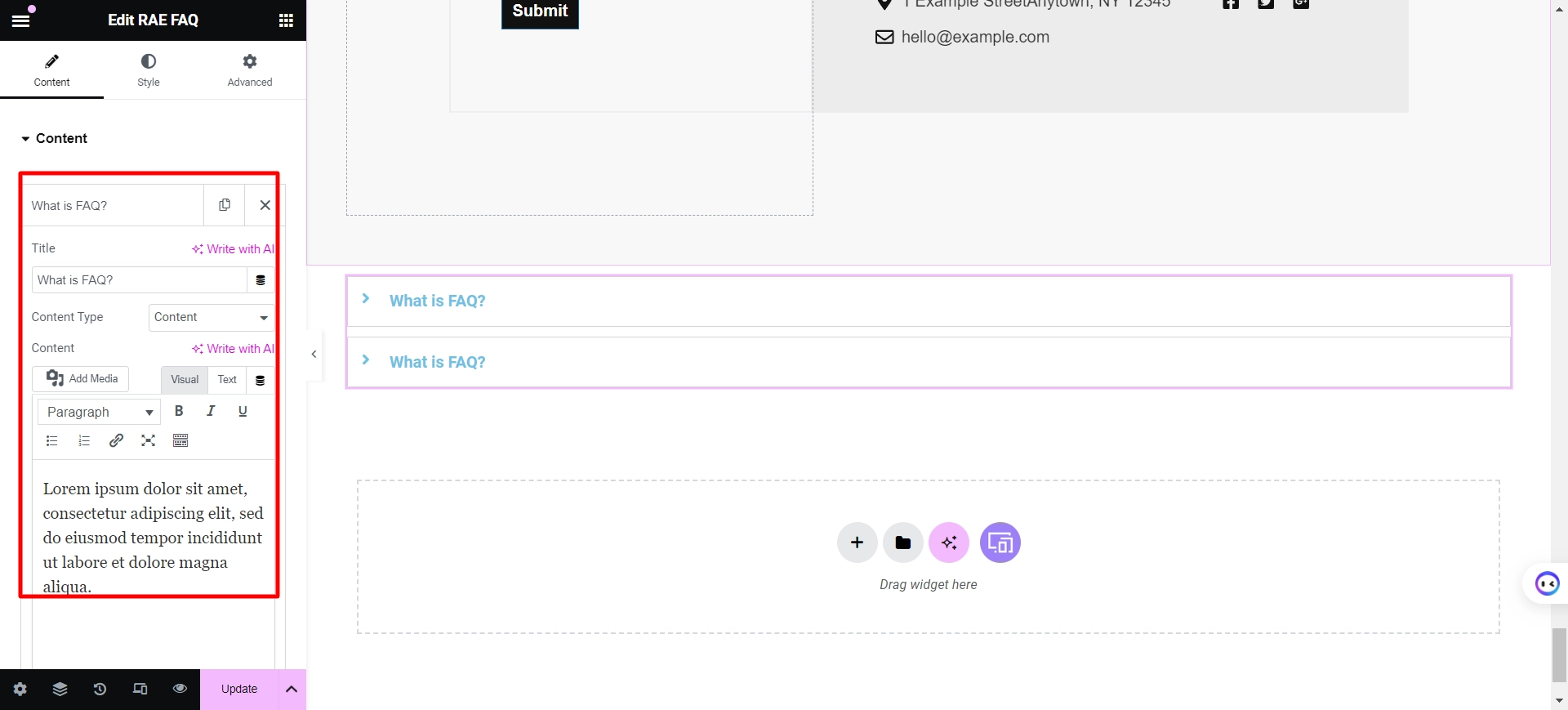 Content of FAQ widget