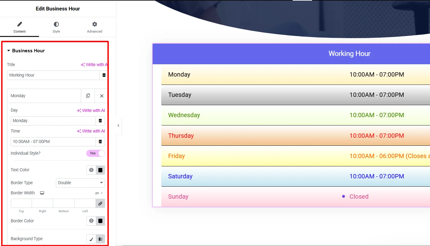 Customizing business hour content