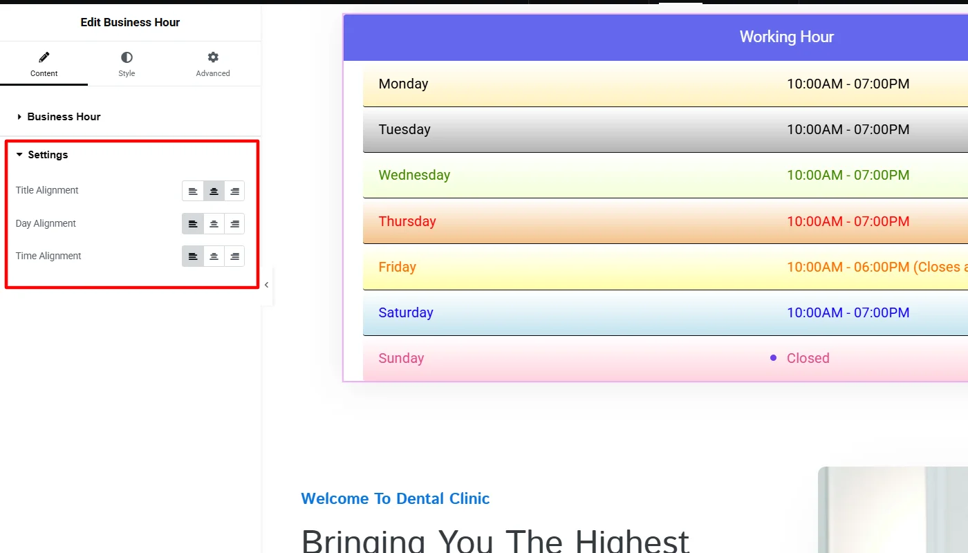 Business hour settings customization