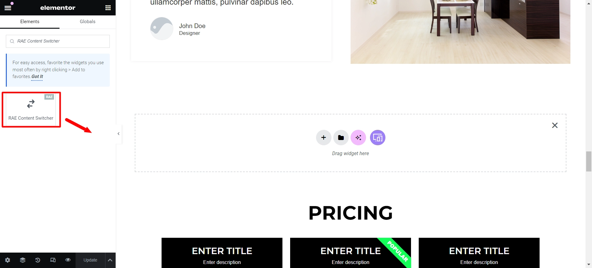 drag and drop the content switcher widget