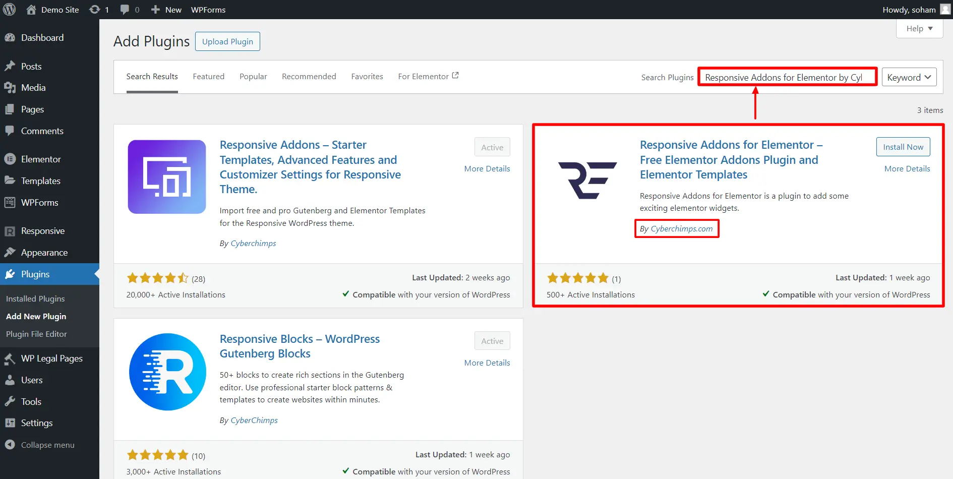 Searching for Responsive Addons for Elementor