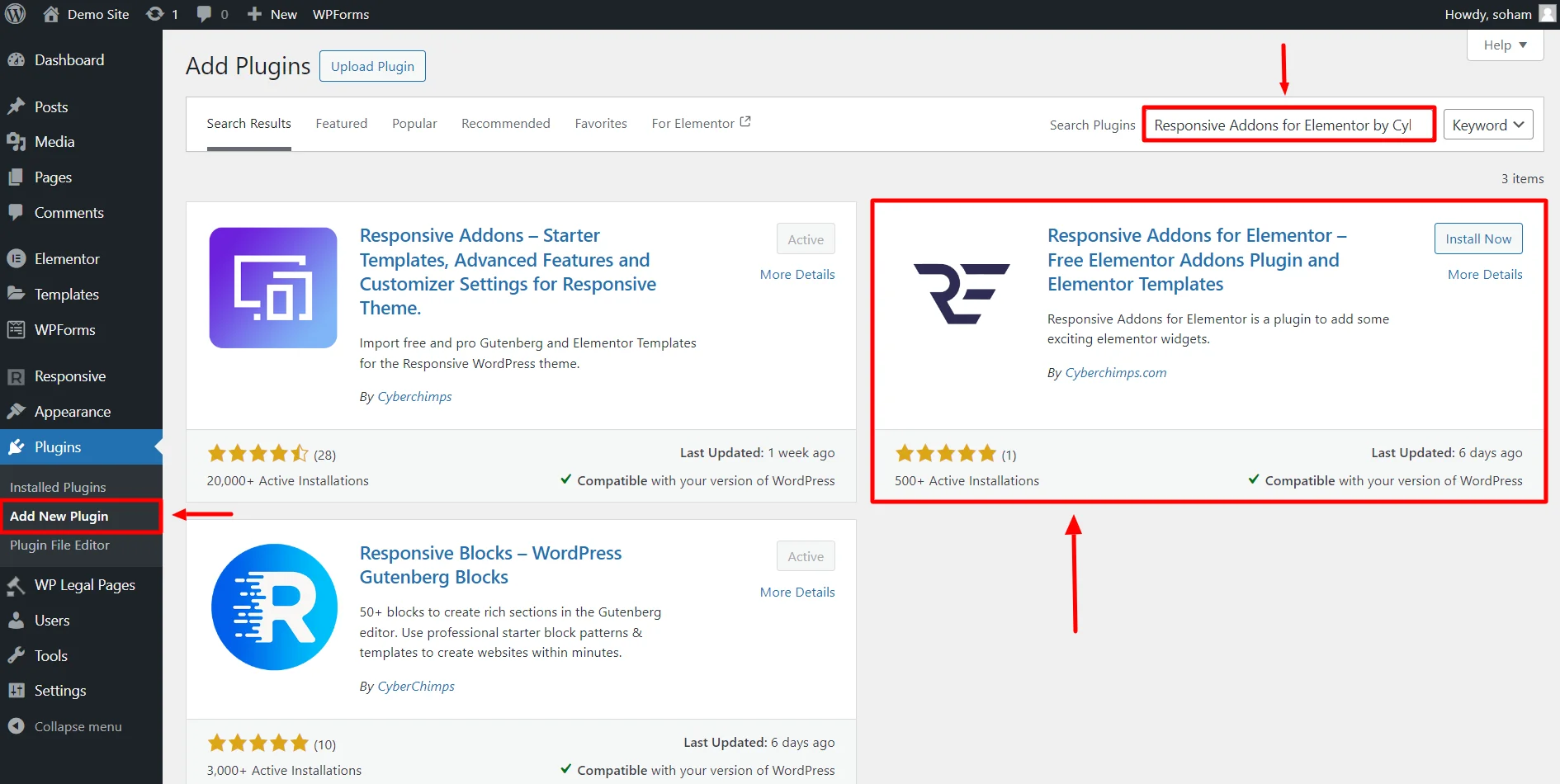 Searching Responsive Addons for Elementor