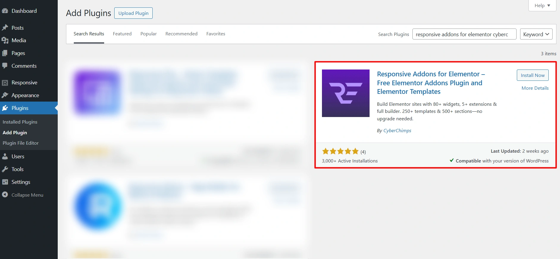 Responsive Addon Elementor plugin search