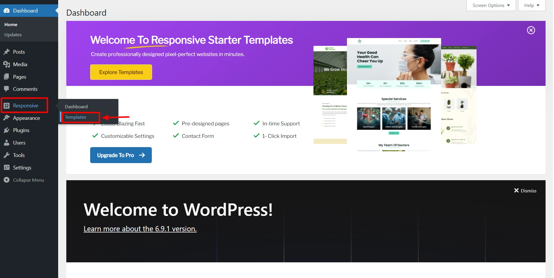 clicking Responsive tab and Templates
