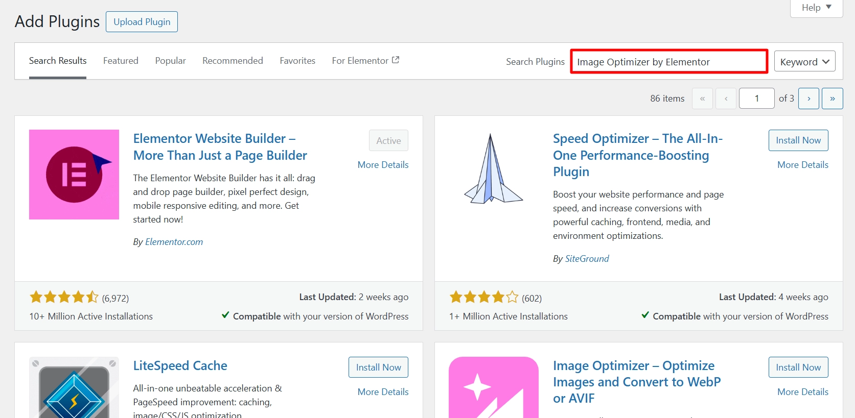 Search for Image Optimizer by Elementor