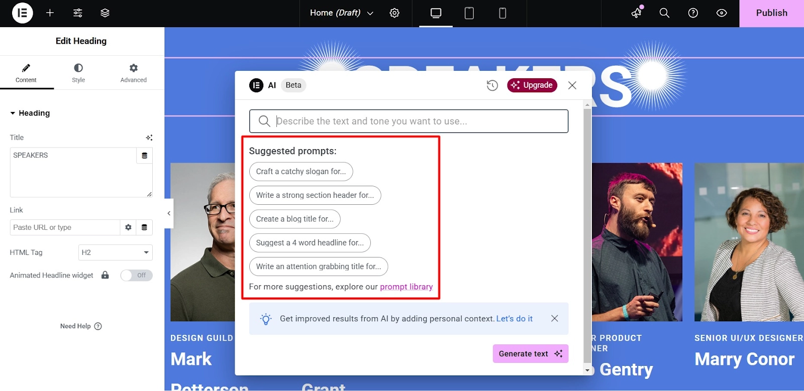Suggested Elementor AI prompts