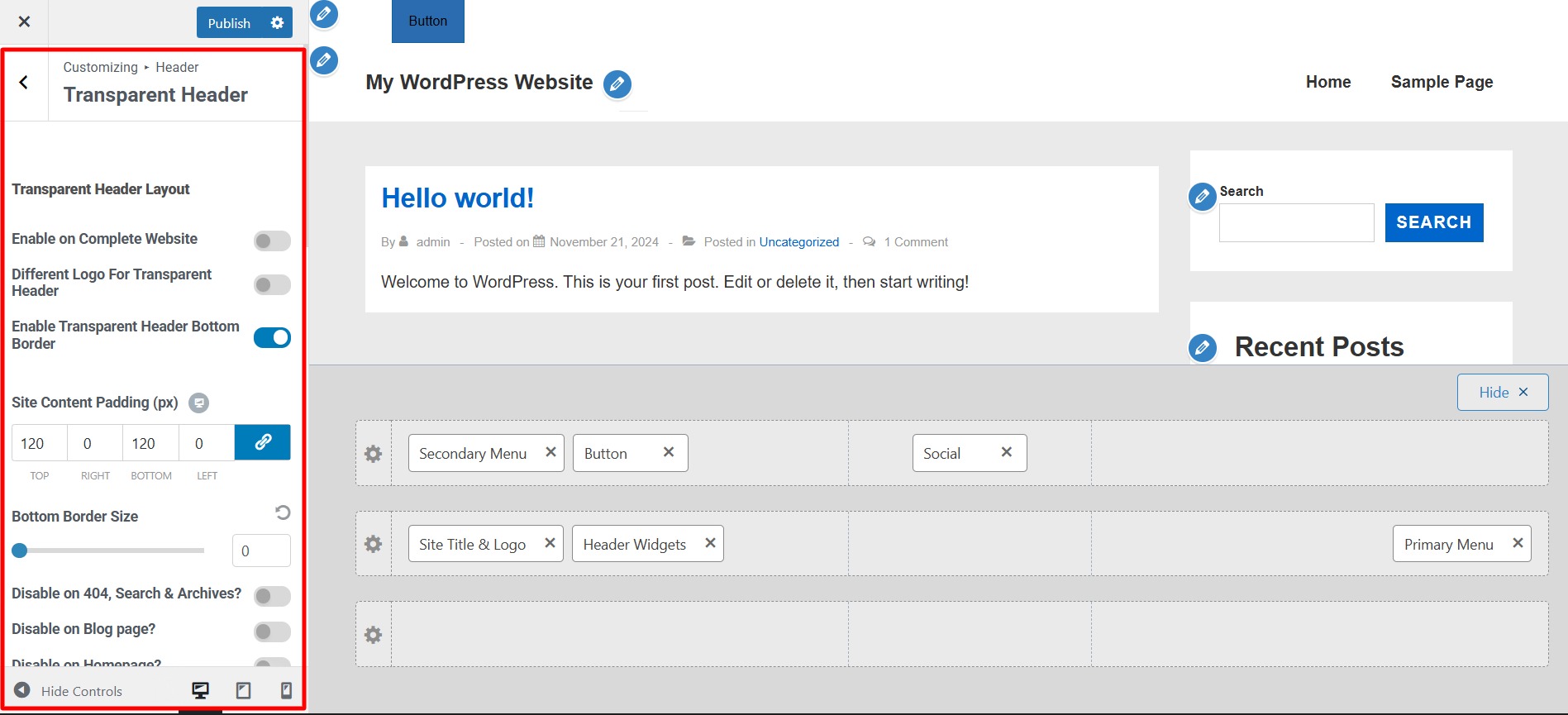 Transparent header layout settings