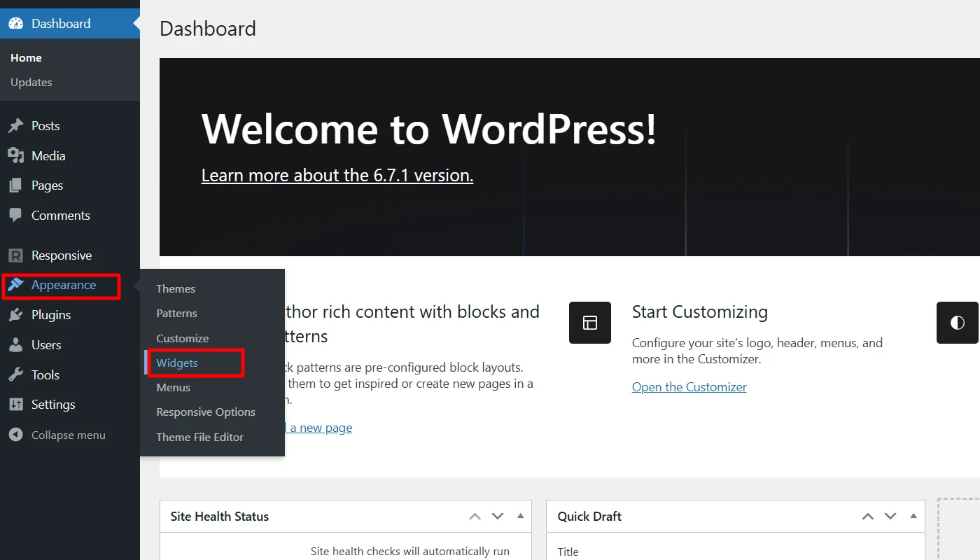 Clicking appearance > widgets