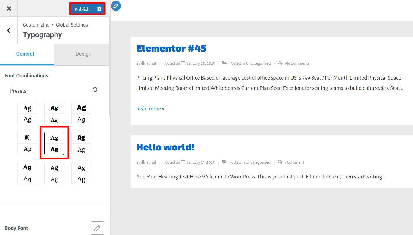 Selecting and publishing typography preset