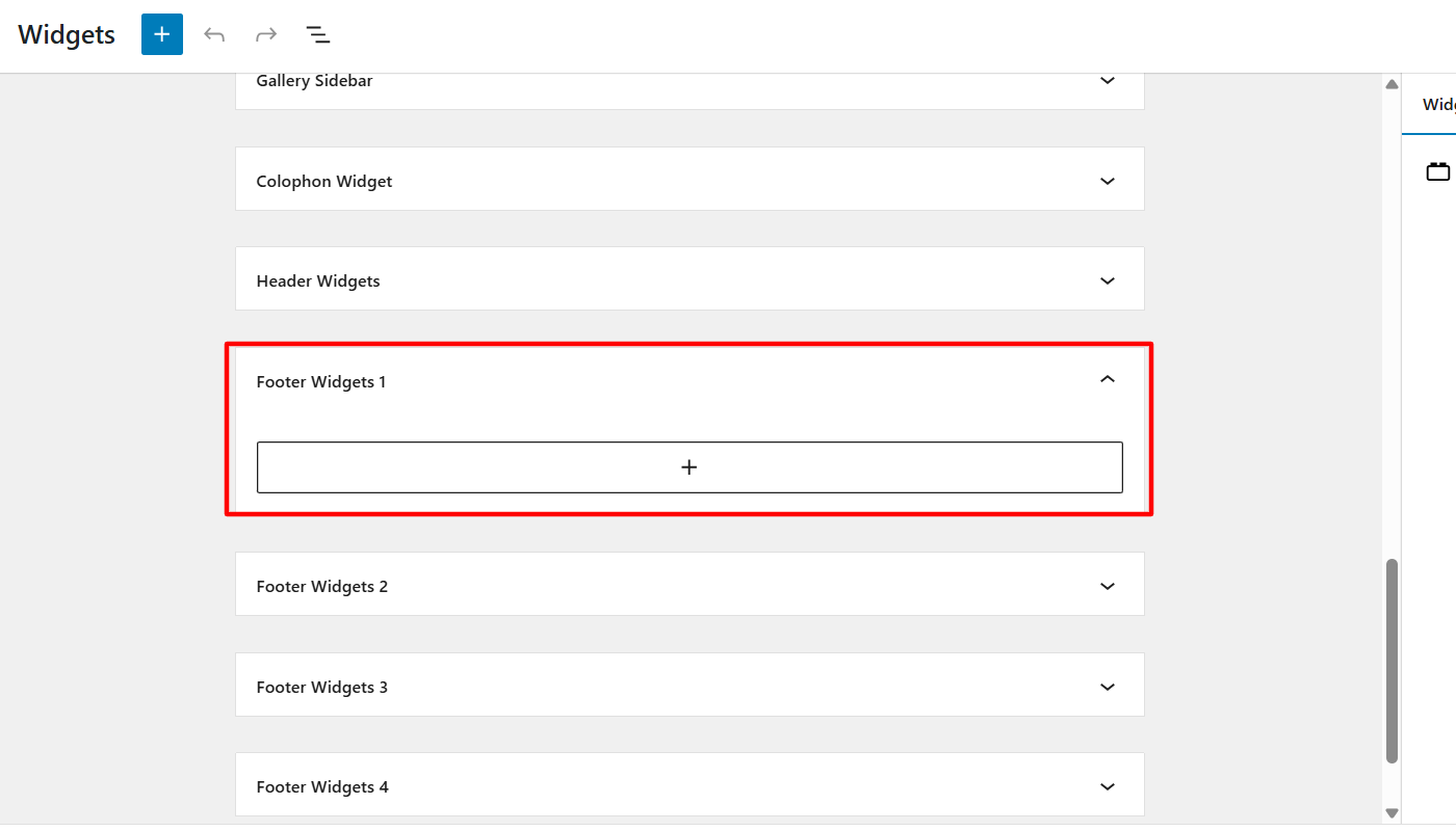 Locate footer widgets label and click + to add widget