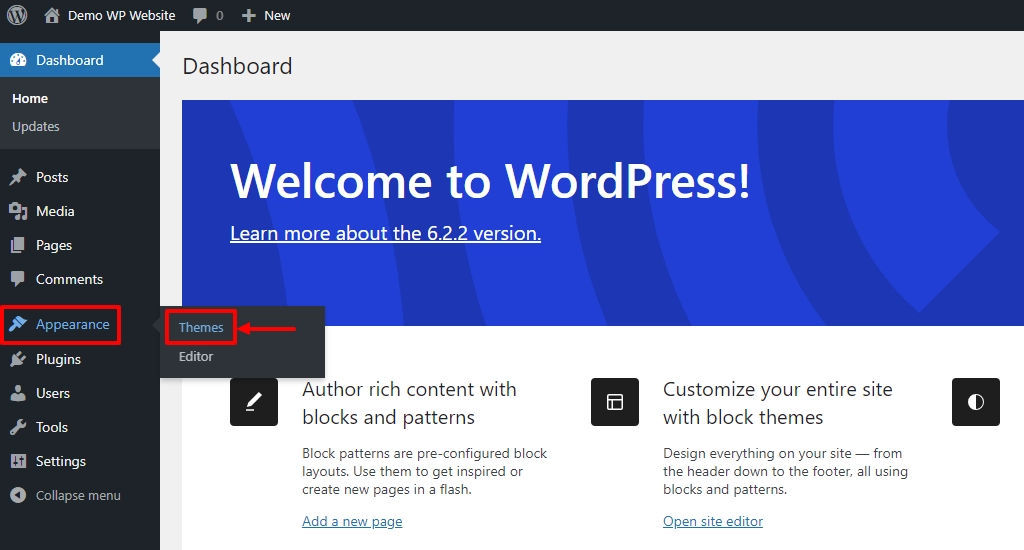 Clicking themes from appearance