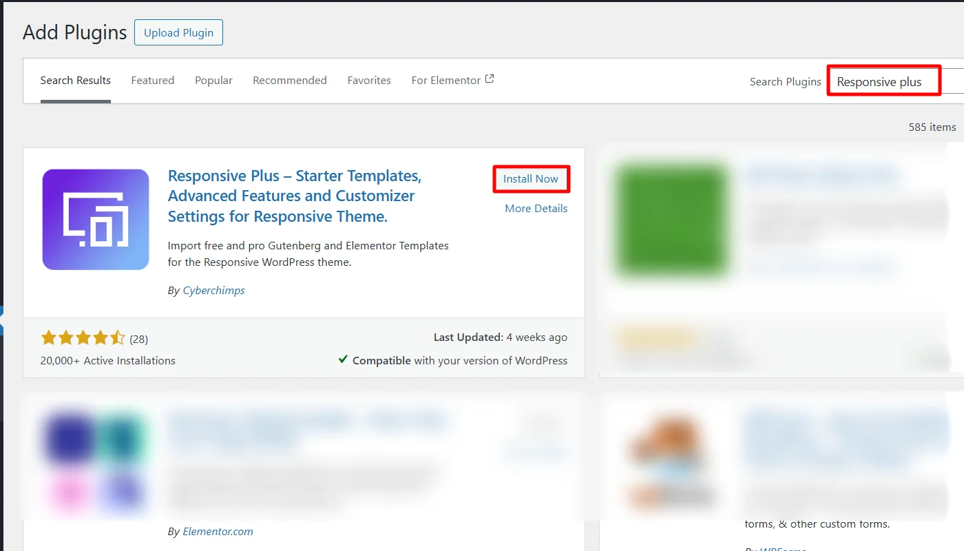 Searching for responsive Plus plugin and click on install now