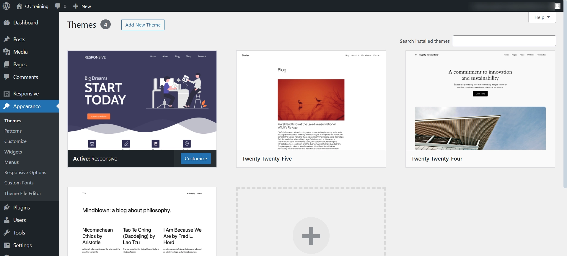 clicking on Appearance >Themes > Add New