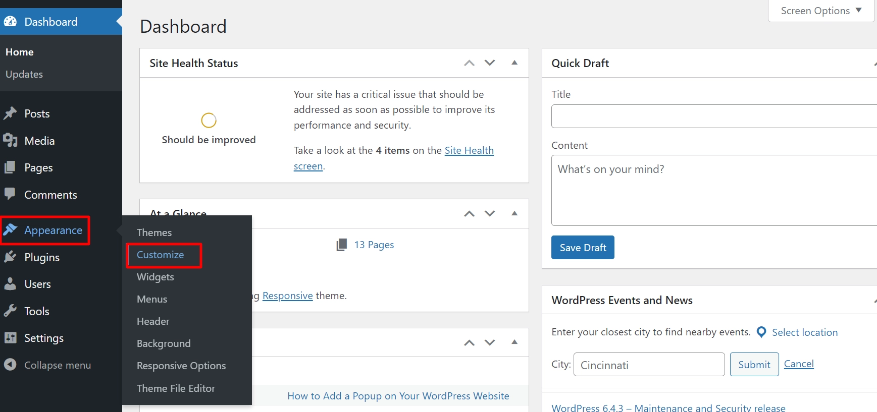 Click customizer from appearance