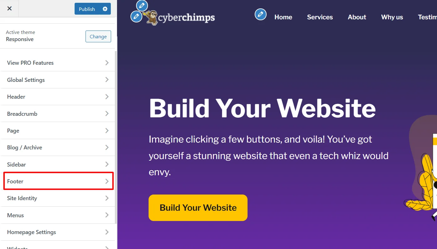 Clicking footer in customizer