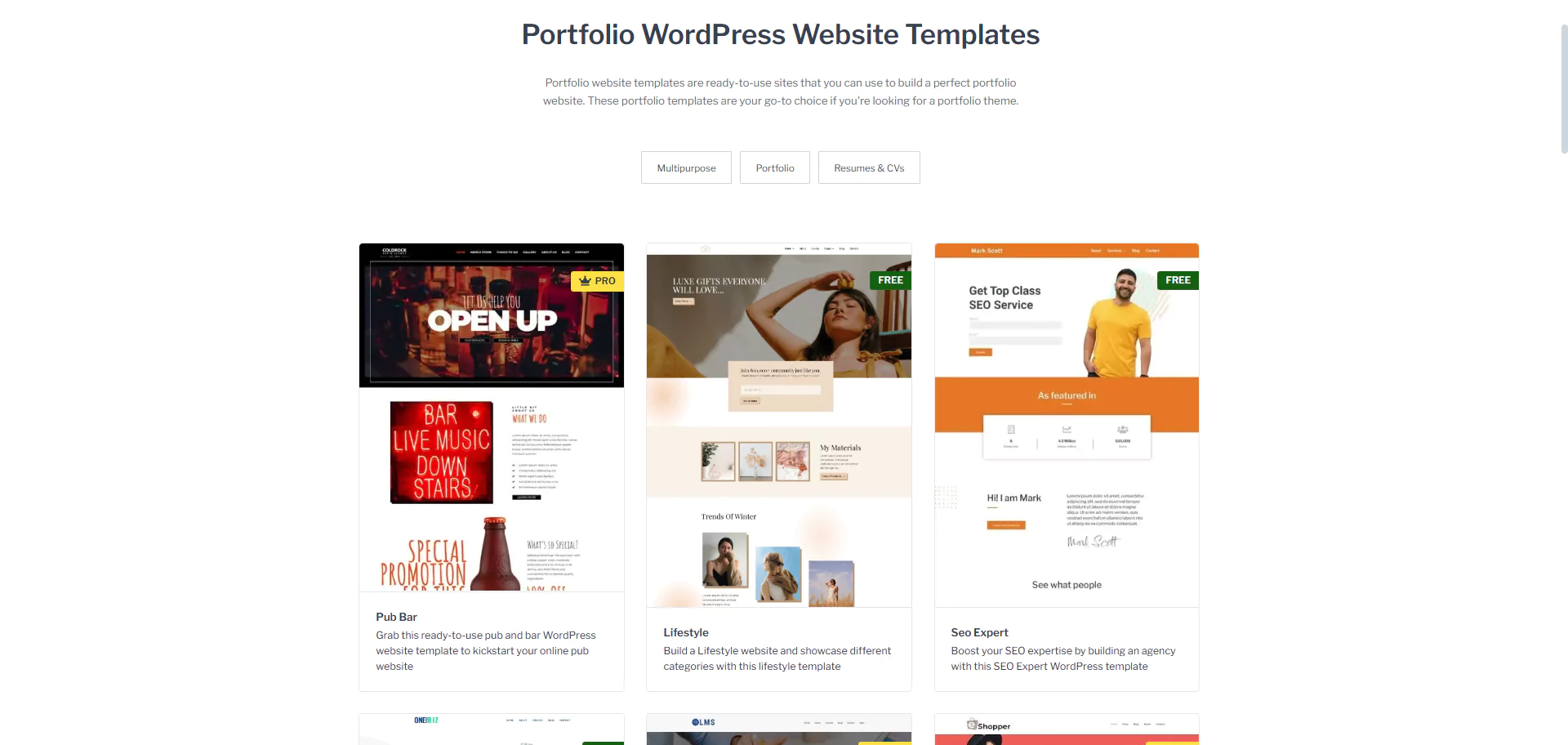 Portfolio wordpress website templates