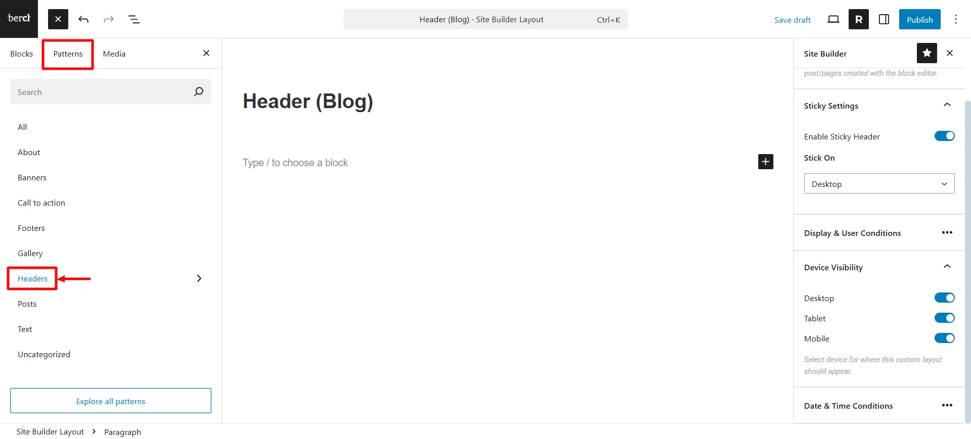 Choose header from patterns options