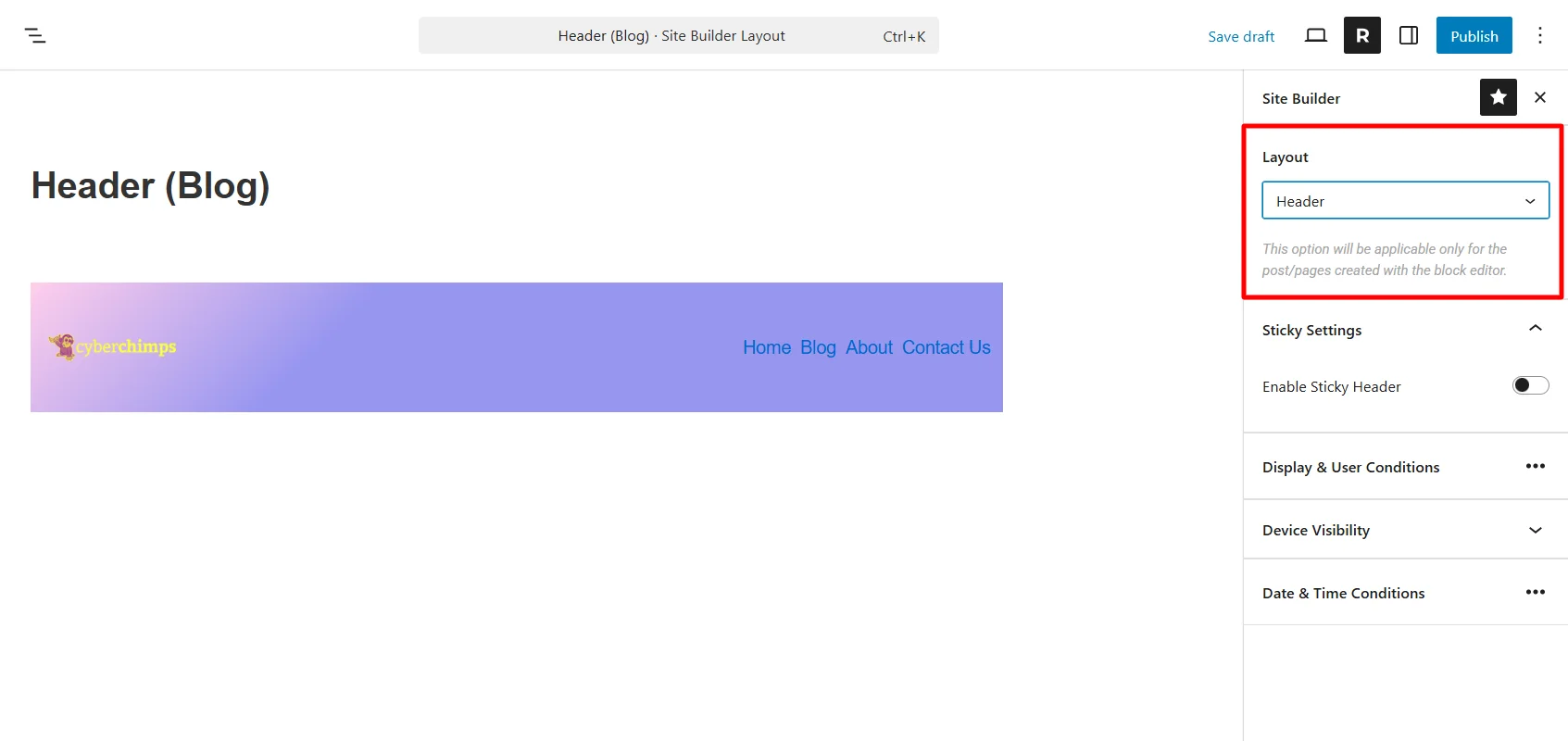 Site builder layout
