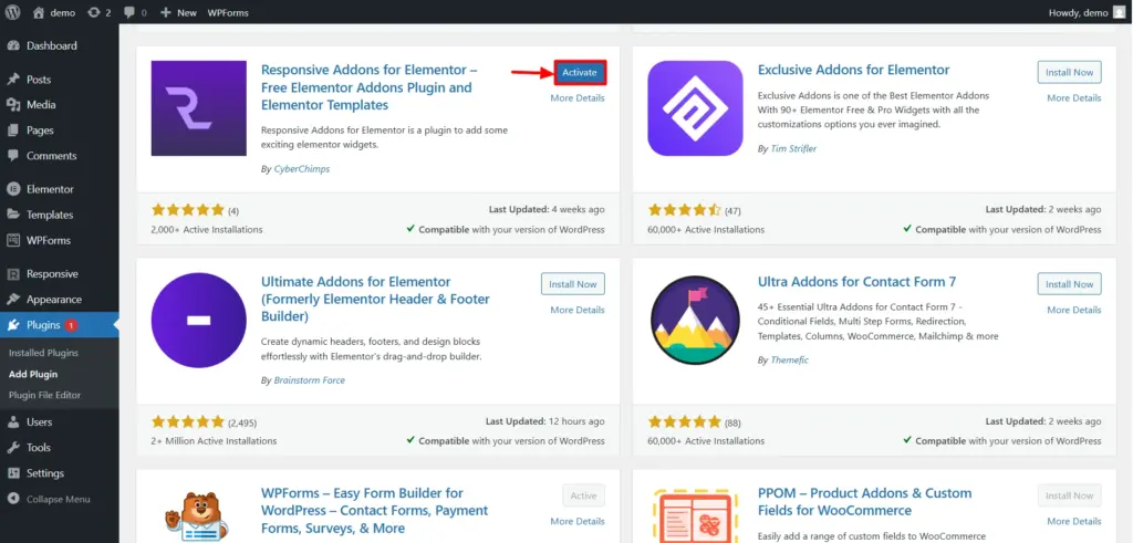 activate responsive addons