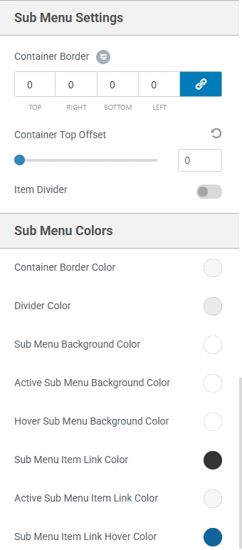 Sub Menu Settings and sub menu colors