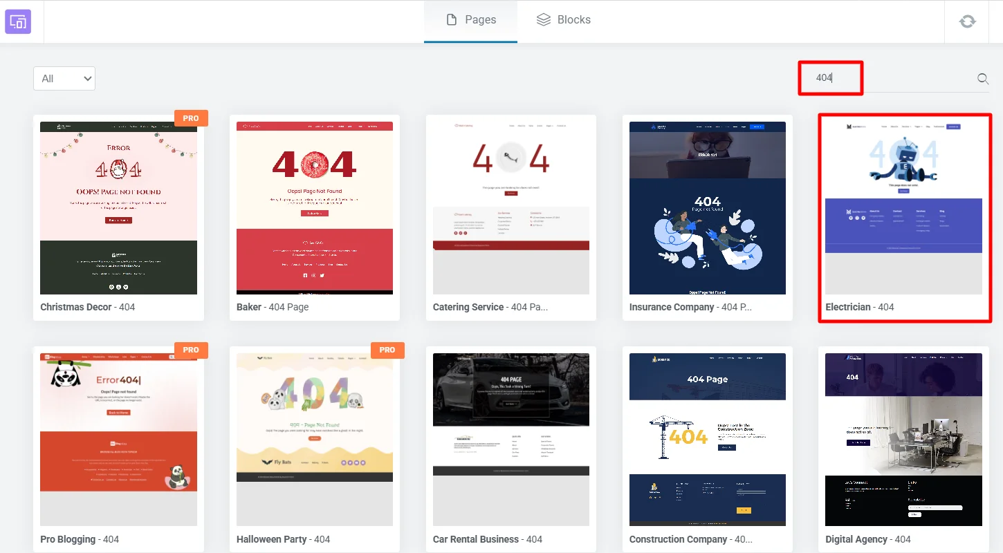 Search 404 and choose a template