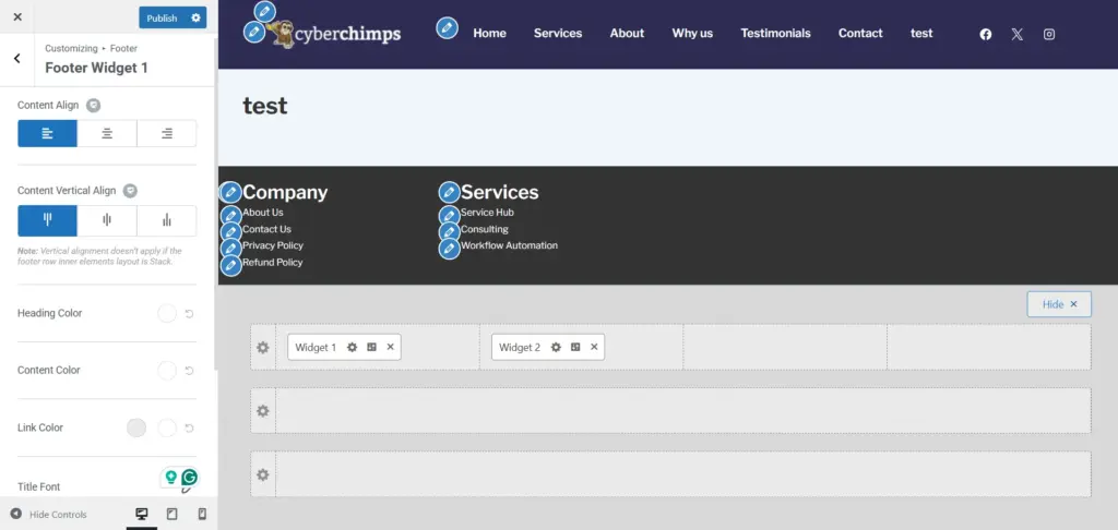 Footer widget design settings