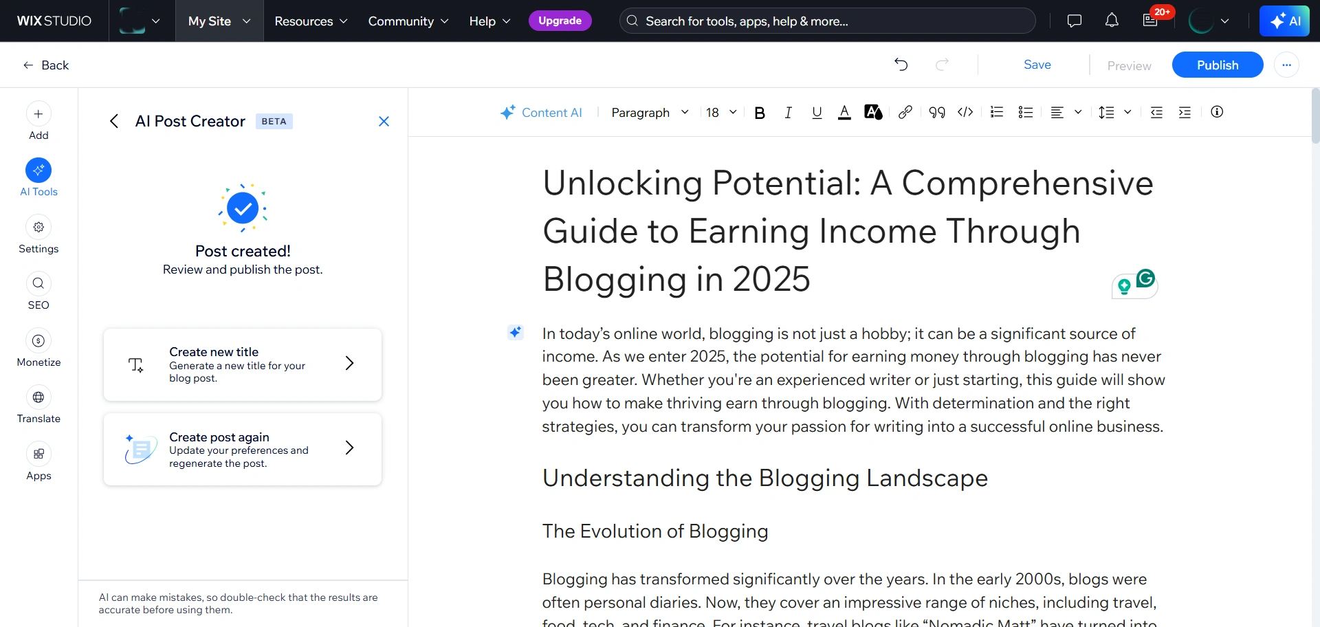 Wix blog editor
