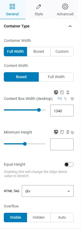 General settings container