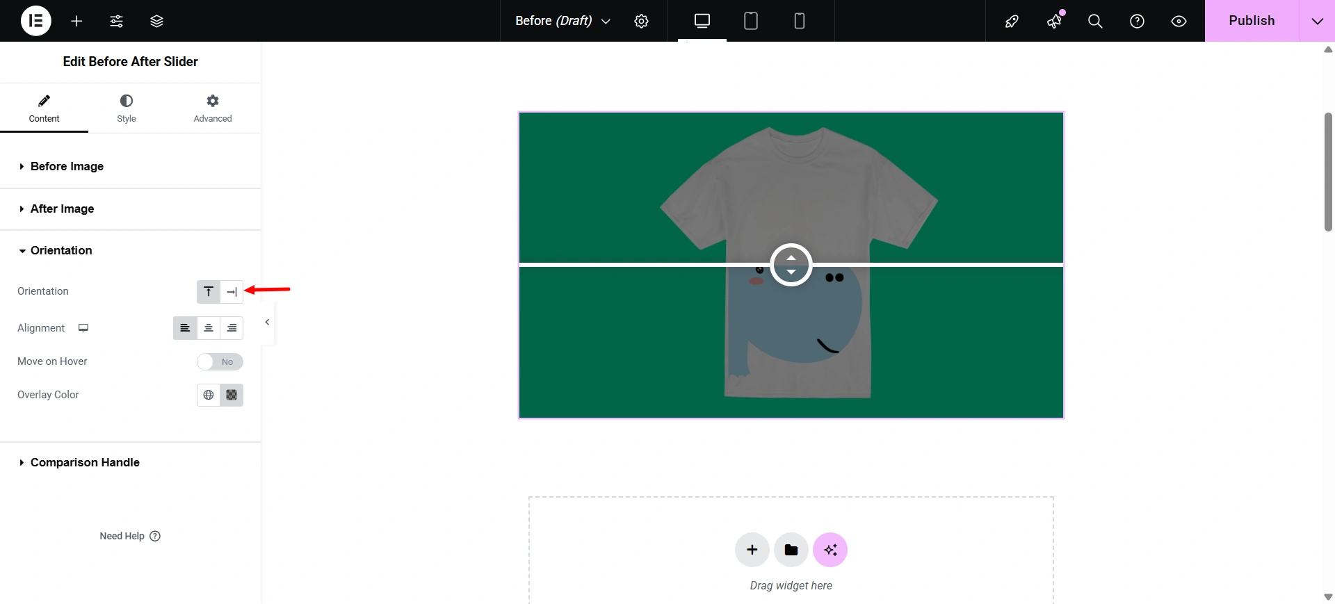 before after slider widget Orientation
