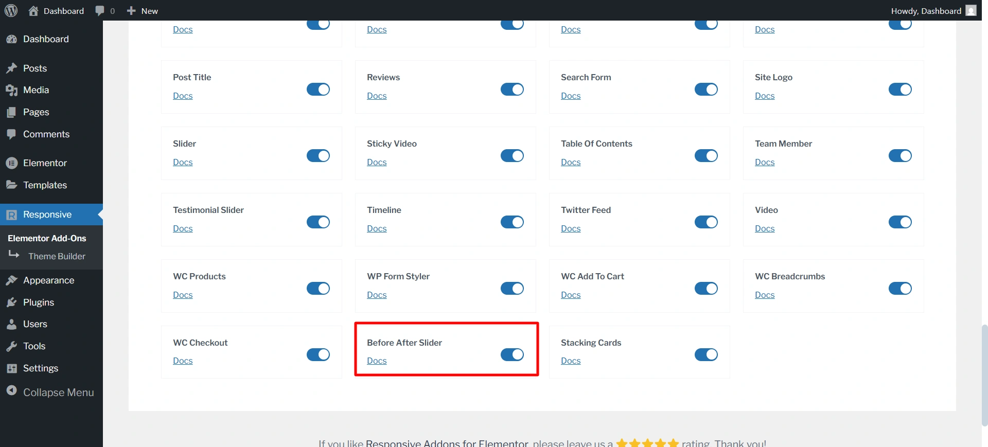 enable Before and after slider