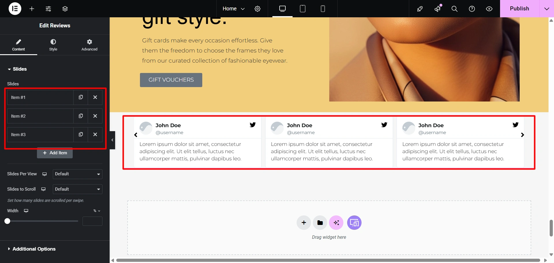 edit eviews widget
