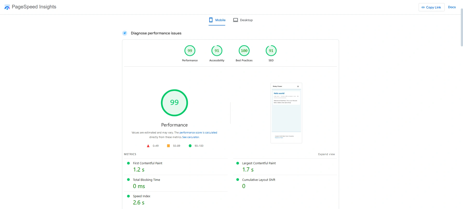 Responsive page insight test