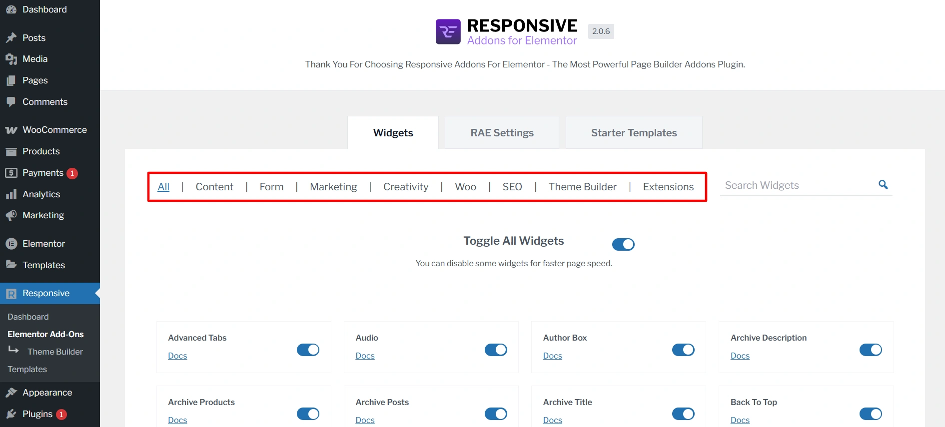 Responsive widgets categories