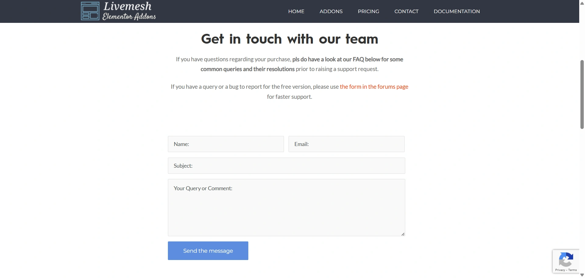 livemesh contact page