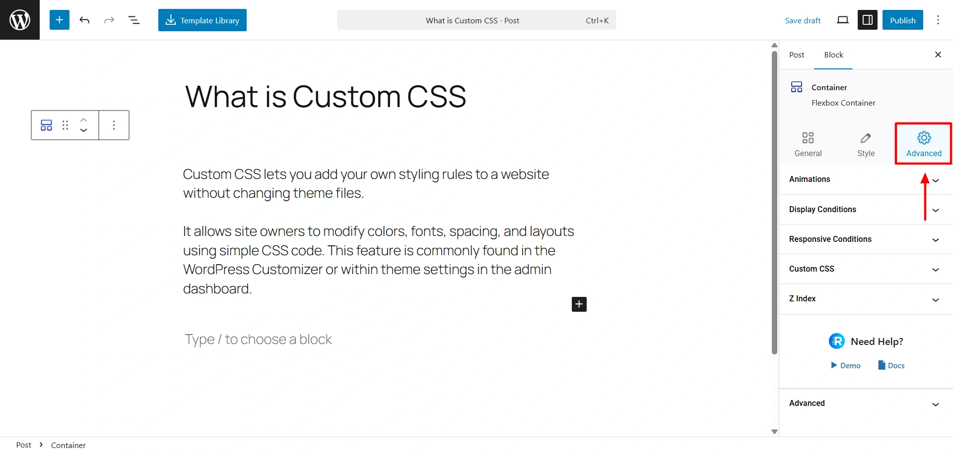 Advanced tab in Responsive Blocks