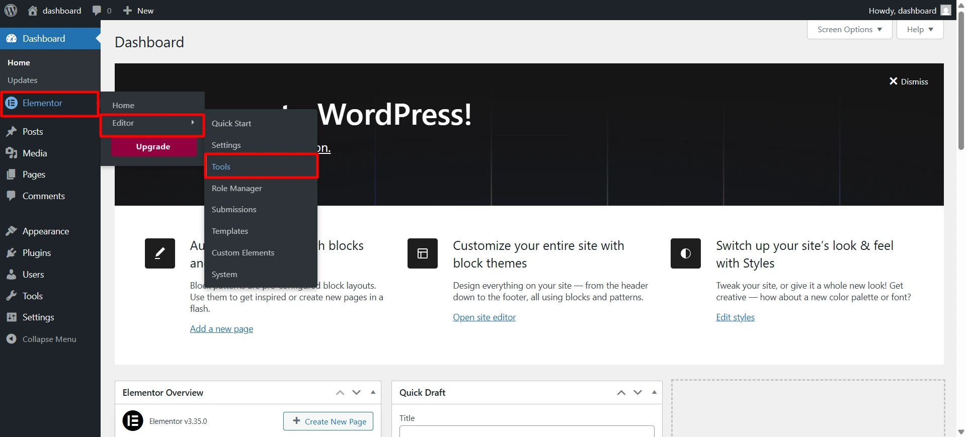  Elementor > Editor > click Tools.