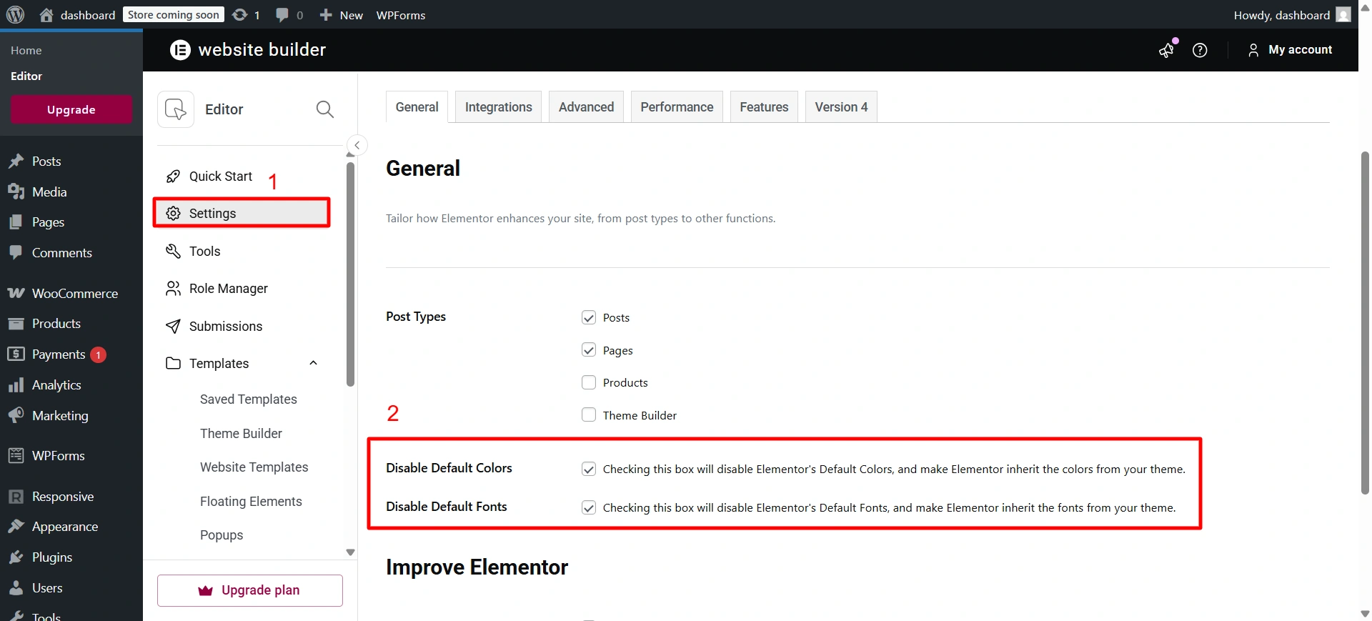 elementor setting