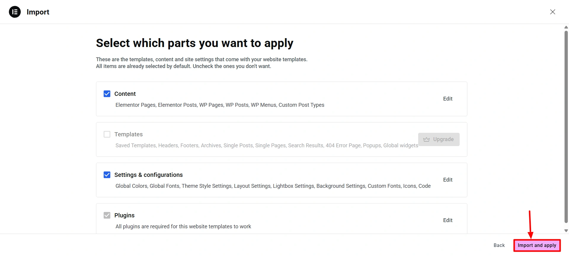 import and apply the  Elementor JSON template ZIP file changes